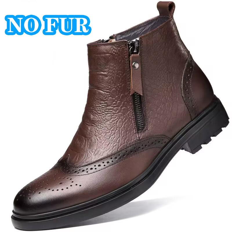 Mode Herren Echtleder Stiefeletten Klassischer Seitenreißverschluss Winterschuhe Mode Britischer Stil Brogues Warme Plüschfell Winterstiefel 47