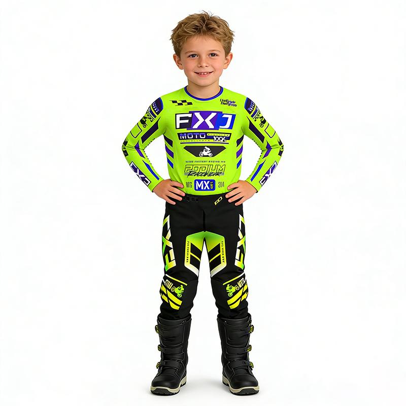 Motocross Kinder Set Motorrad Trikot und Hose Kinderkleidung großer Junge Mädchen Jugend MX Ausrüstungsset Rennanzug YS-20 (15-19KG) grün