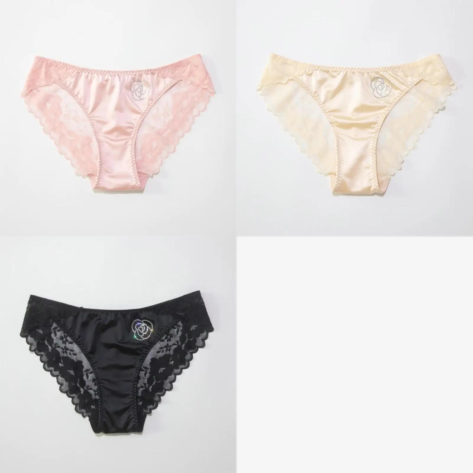 Französische Kamelienblüten-Höschen mit mittlerer Taille, Damenunterwäsche aus Spitze, sexy, atmungsaktiv, bequem, große Größe, hochelastischer Satin-Slip L 48-60KG&3pcs