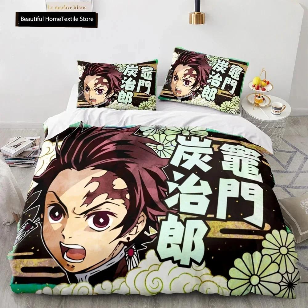 Dämon Slayer 3D-Bettwäscheset, Anime, Bettbezug, Kissenbezüge, Einzelbett, Doppelbett, Queen-Size-Bett, King-Size-Bett, Jungen, Mädchen, Jungen, Geschenk, Heimdekoration EU Single 135x200cm
