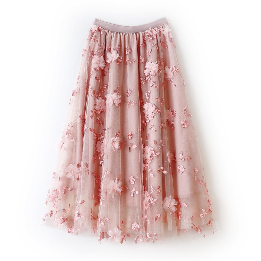 Frühling und Herbst frauen Rock Mesh Stickerei Halb-körper Rock Sanftes Temperament Mittellangen Rock Frische Fee Rock One Size rosa
