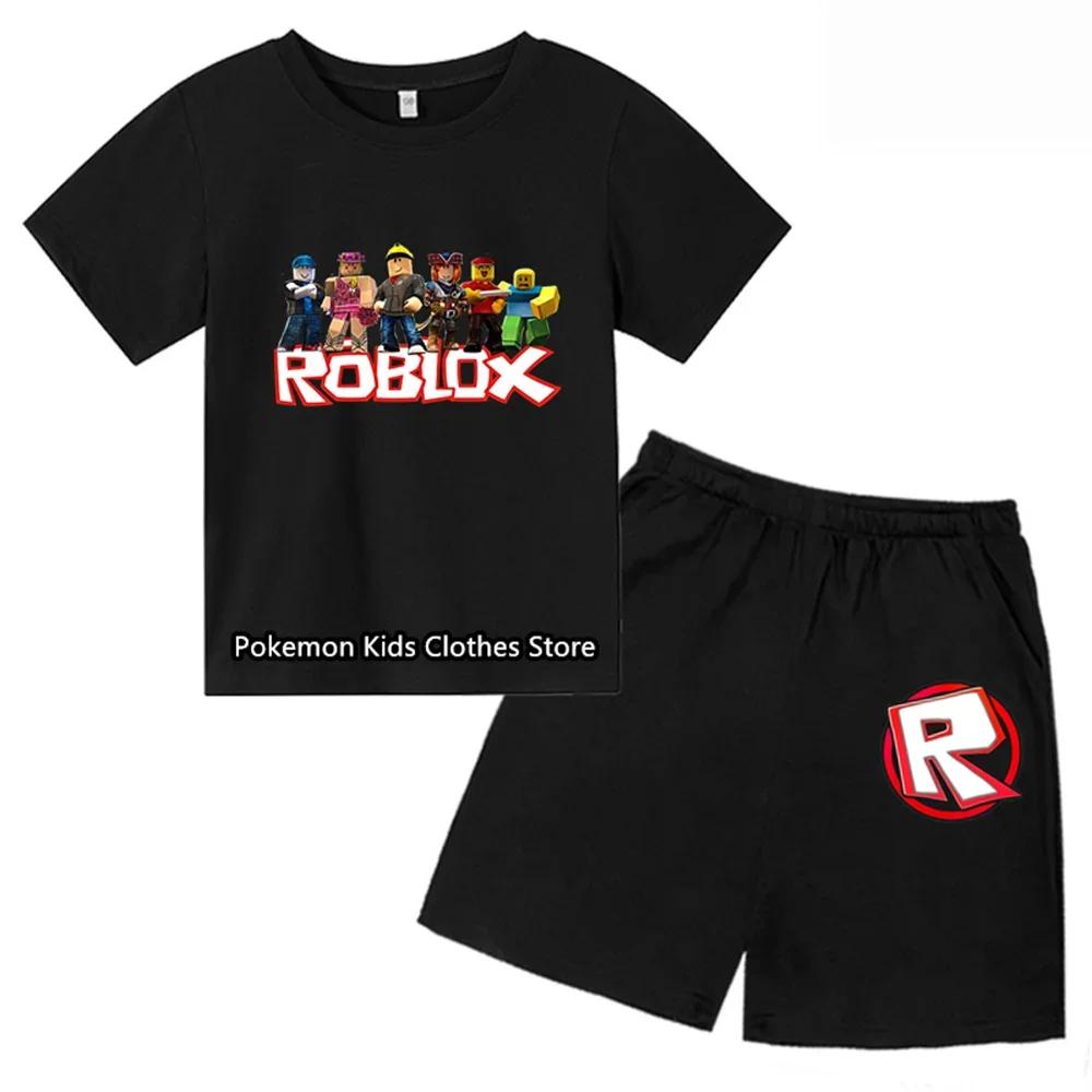 2025 MINISO Roblox T-Shirt Kinderkleidung Mädchen Tops Sommer Baby Shorts Sport T-Shirt Jungen Shorts Kinderkleidung Anzug 414 Jahre 120 black