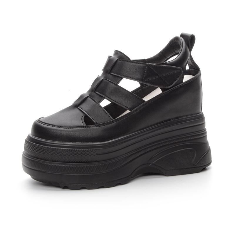 Mode Damen Sandalen Plateau 2025 Neue Echtleder High Heel Sandalen Damen Geschlossene Zehen Interne Erhöhung Römische Damen Sandalen 33 schwarz