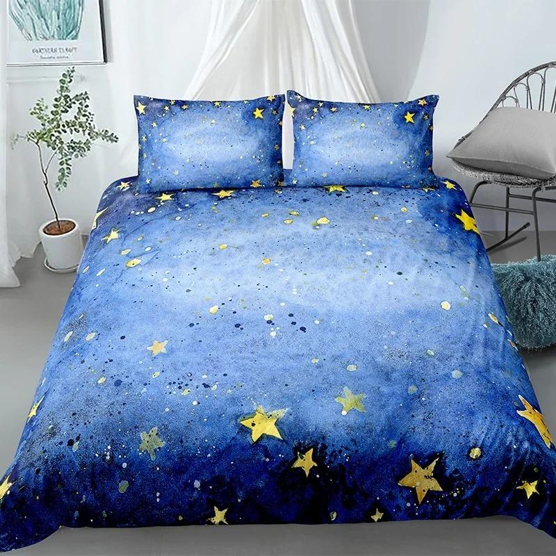 Sterne Bettwäscheset Nachthimmel Mädchen Jungen Bettbezugset Dunkelblau Heimtextilien Galaxie Bettwäsche Männer Frauen Weicher Steppdeckenbezug AU Queen(210x210cm)