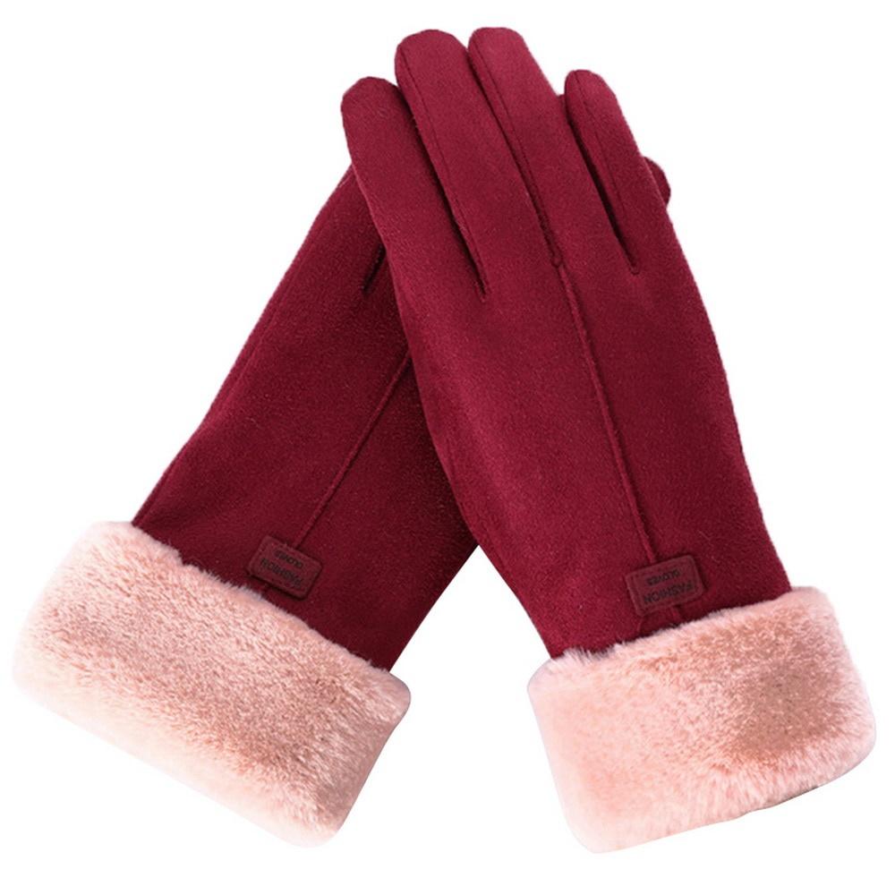 Mode Frauen Handschuhe Herbst Winter Niedlichen Pelzigen Warme Handschuhe Volle Finger Handschuhe Frauen Outdoor Sport Weibliche Handschuhe Bildschirm rot
