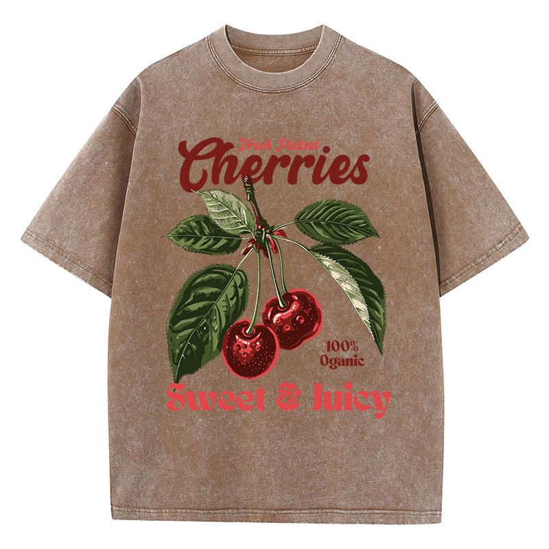 Frisch gepflückte Kirschen Baumwollgewaschene T-Shirts Damen Süßer Fruchtdruck T-Shirt Used Oversize O-Ausschnitt Tops Street Damenkleidung 3XL