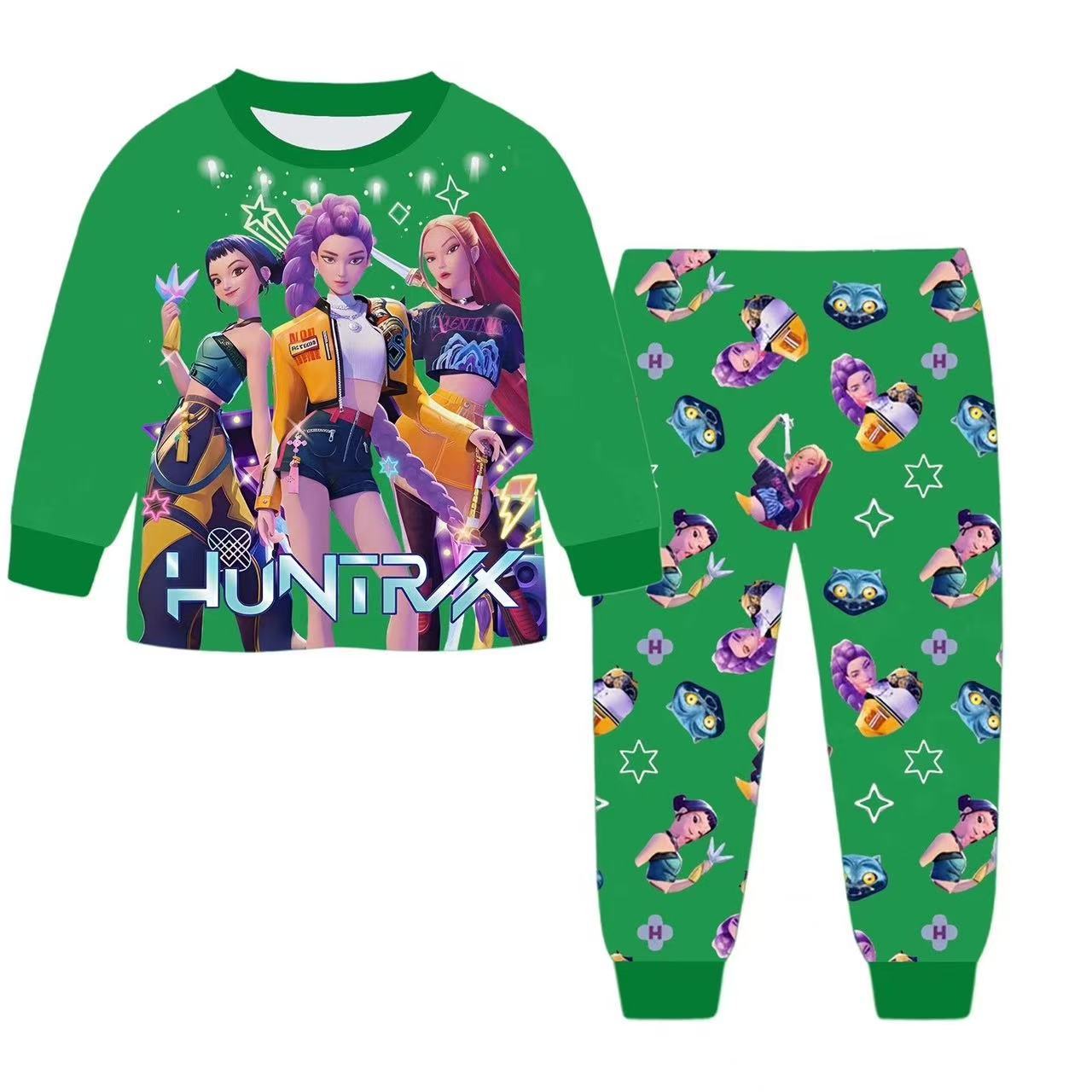 Anime Kpop Dämonenjäger Zoey Kostüm Herbst Pyjamas für Kinderbekleidung 3-14 Jahre Kinder Huntrix Rumi Mädchen T-Shirt Hosen Sets 150(10-12Years) grün