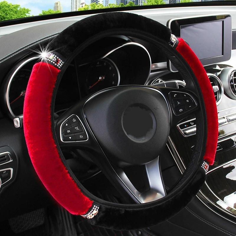 Universal 37-38 cm Durchmesser Weiche Plüsch Strass Auto Lenkrad Abdeckung Innen Zubehör Lenkung-Abdeckung Auto-styling rot