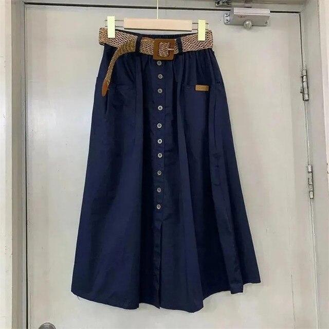 Baumwolle Midi Rock mit Gürtel Frauen Einreiher große Taschen hohe Taille A-Linie Rock Herbst Sommer koreanische Mode langen Rock M dunkelblaue