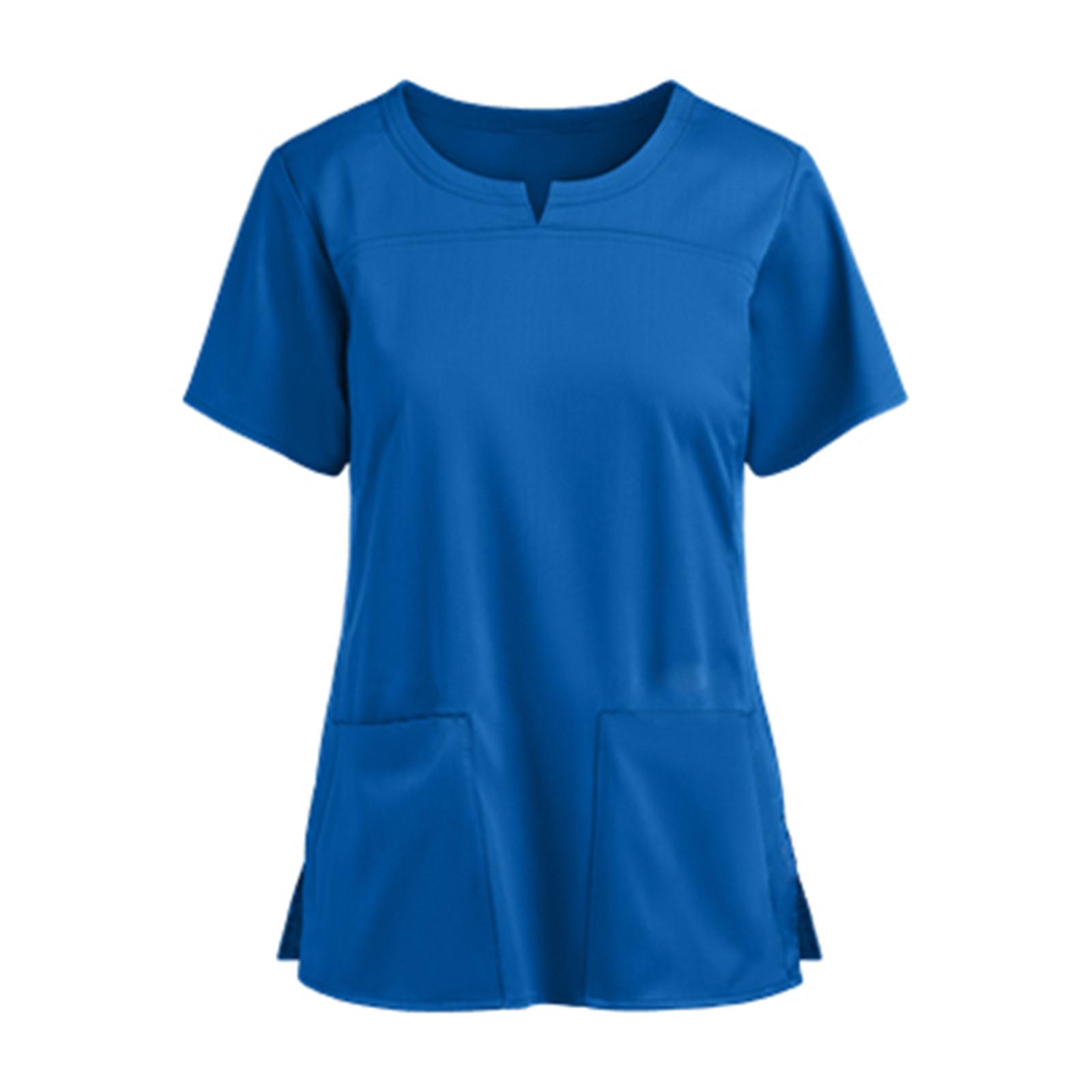 Damen Kurzarm V-Ausschnitt Tasche Krankenschwester Top Jugendliche Damen Solide Einfaches T-Shirt 5XL blau