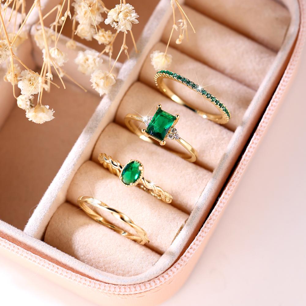 4-teiliges Set mit grünen Steinen, Ringe für Damen, goldfarben, oval, quadratischer Schnitt, Vintage-Fingerring, Modeschmuck, Geschenk 7 grün