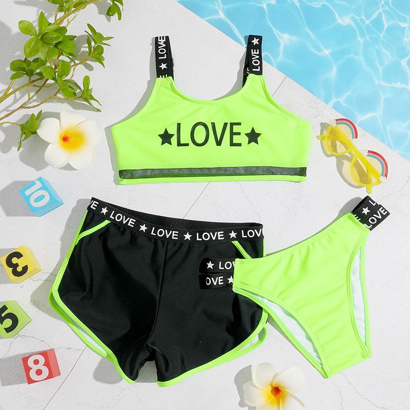 Kindermode Sommer Buchstaben bedruckter Badeanzug Mädchen 3-teiliges Bikini-Set Kinder Sport Tanktop Slip und Boxershorts Bademode Set 150 grün