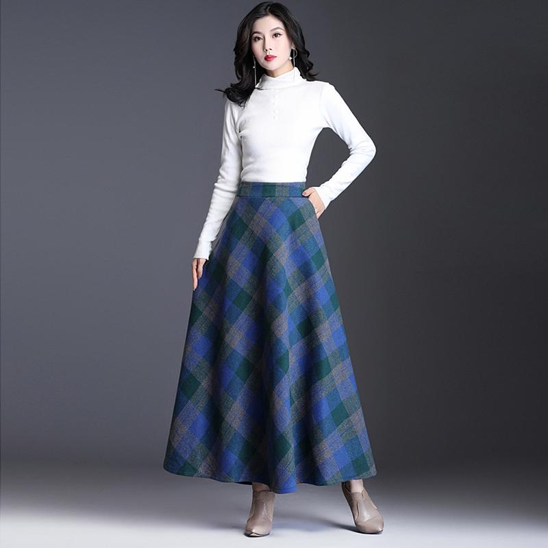 Plus Size 3XL Damen Karierter Rock Dicker Warmer Eleganter Langer Rock mit hoher Taille Winter Lässiger Wolllanger Karierter Rock Damenrock XXXL blau