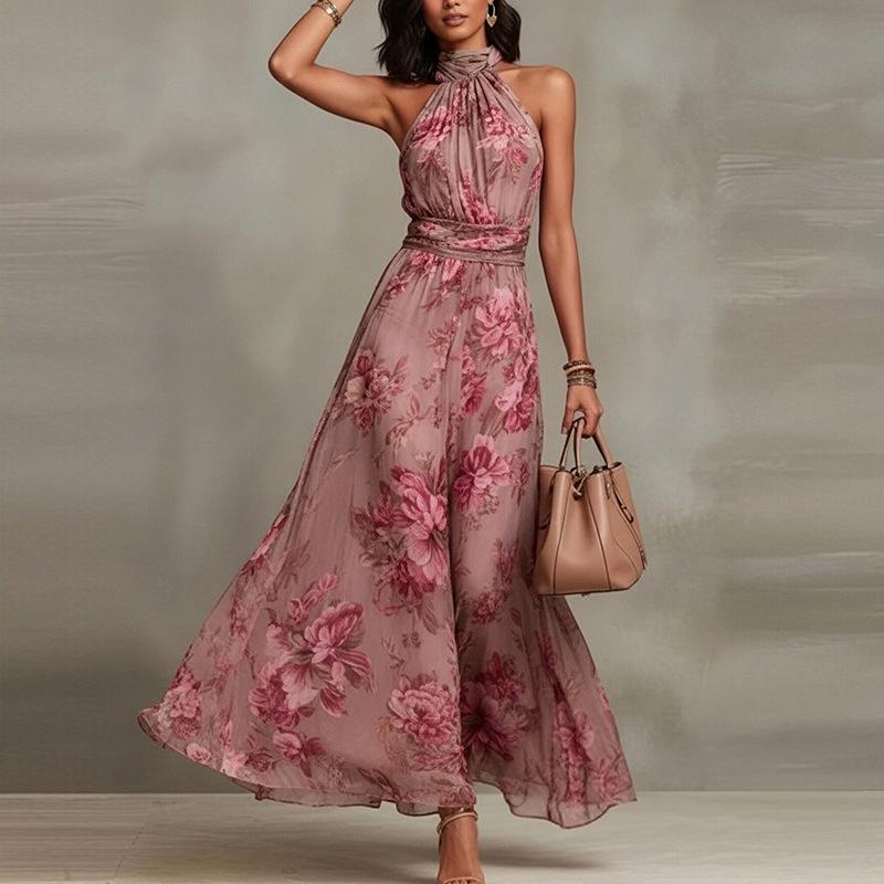 Retro Mode Maxikleid Sommer Ärmellos Einfacher Druck Rüschenkleider Streetwear für Damenbekleidung Urlaubsfeier M rot