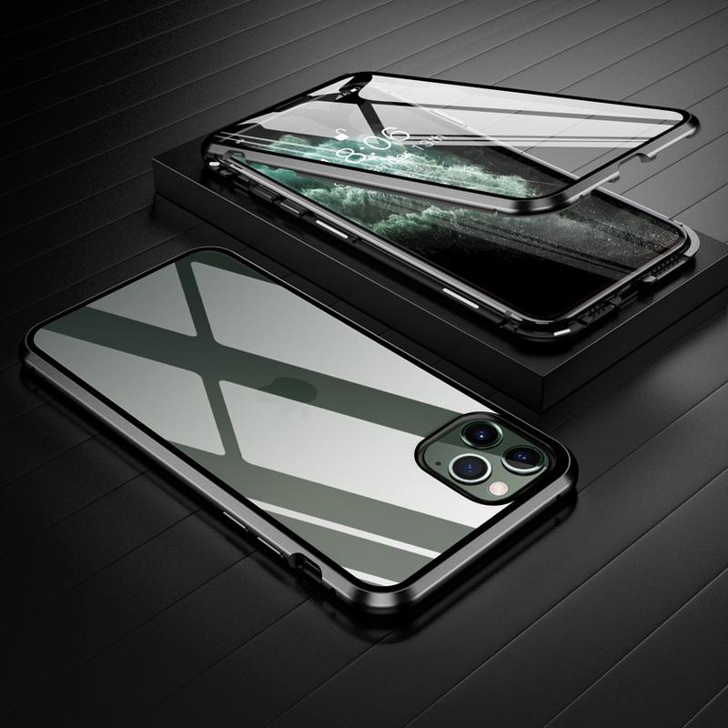 Metall-Magnethülle für iPhone 16 Pro 15 14 Pro Max 13 12 Pro MAX 11 Pro SE 2020 X XR XS 8 7 Plus Magnethülle aus gehärtetem Glas iPhone 16 Pro Max schwarz