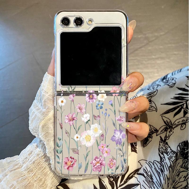 Für Samsung Galaxy Z Flip 4 5 3 6 5G Floral Blumen Transparent Hülle Stoßfest Faltbar Hart PC Handyhülle Für Samsung Z Flip3 Flip5 For Samsung Galaxy Z Flip 3