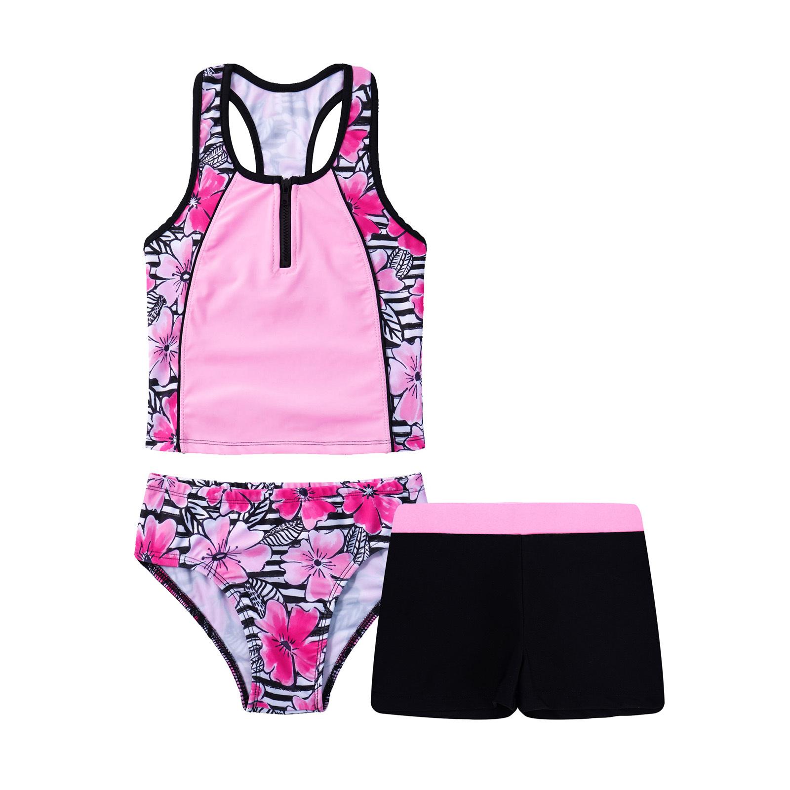 Kinder Mädchen 3-teiliger Badeanzug mit ärmellosem Oberteil und Shorts, Blumenmuster, Tankini-Badeanzug 11-12 Years rosa
