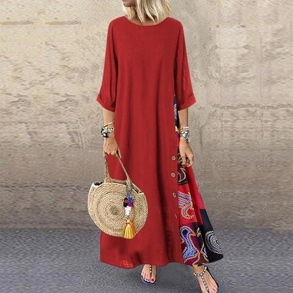 Damenmode Casual Loose Big Swing Halbarm Langes Kleid Floral Holiday Maxikleid Plus Size Vestidos Longos Robe S rot