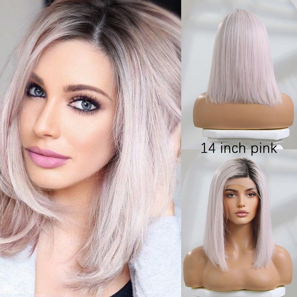 HAIRCUBE Echthaar-Perücke, 13 x 1, Spitze vorne, Schulterlang, Bob, gerade, Highlight-Perücken für Frauen, Ombre-Braun, Remy-Haar, hitzebeständig gray