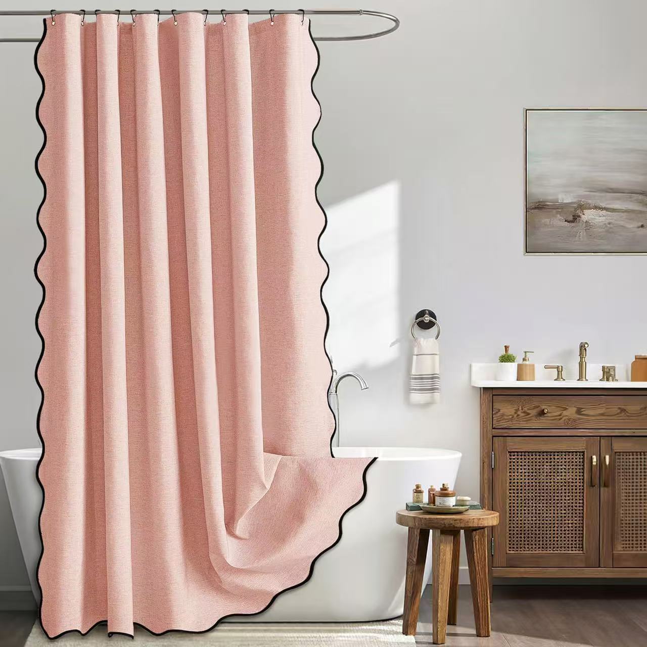 Faux Leinen Wellenkante Duschvorhang Wasserdicht Badezimmer Trennwand Sichtschutz Vorhang Duschvorhang Badewannen Dekoration 200*240cm rosa
