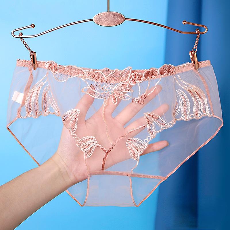 Transparente Sexy Damenhöschen Dessous Blumen Stickerei Weibliche Unterhose Unterwäsche Slips XL dunkel rosa