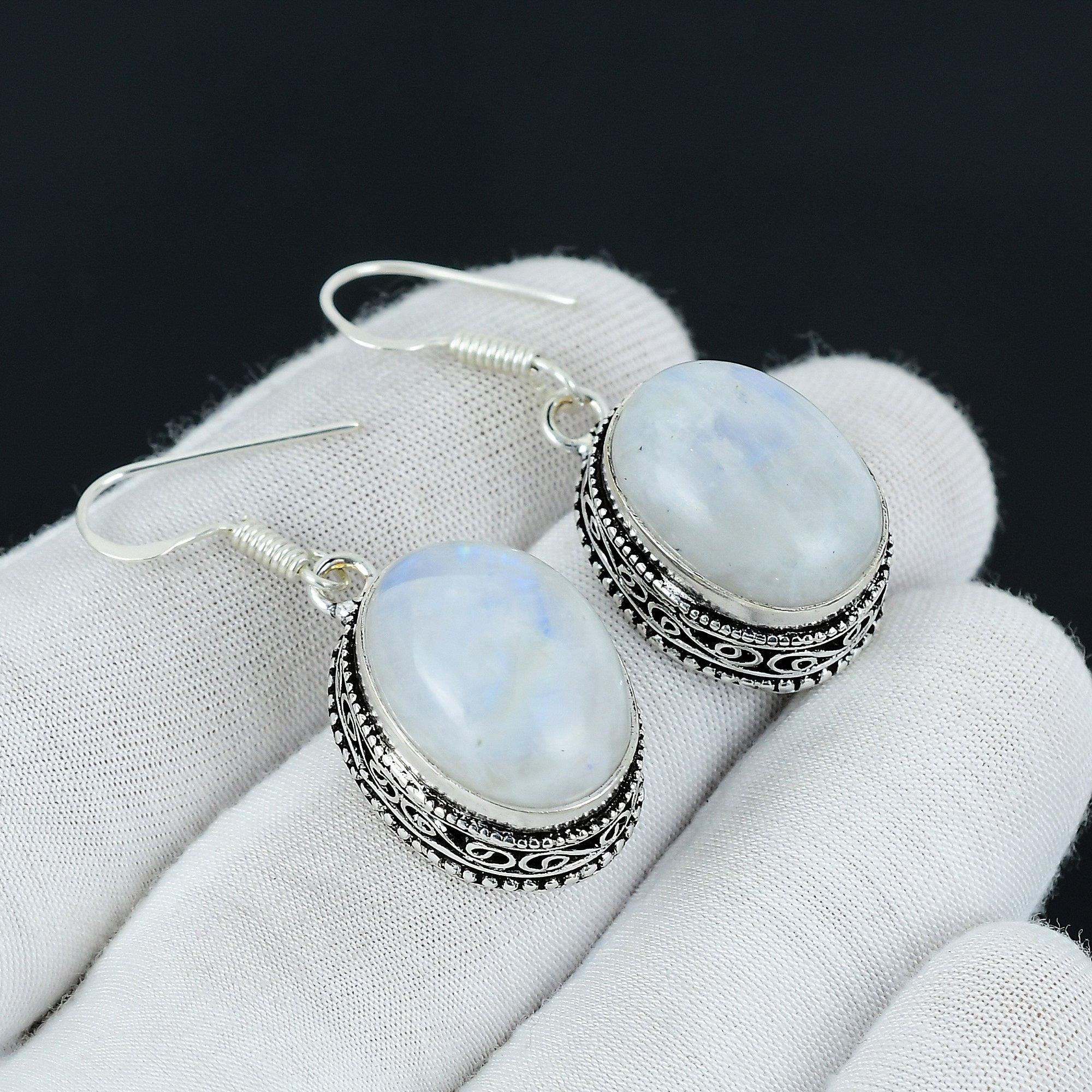 Regenbogen Mondstein Edelstein Handgemachte 925 Sterling Silber Ohrringe, Regenbogen Mondstein Schmuck Ohrringe Geschenke für Frauen Mondstein Schmuck für Sie 2.16 weiß