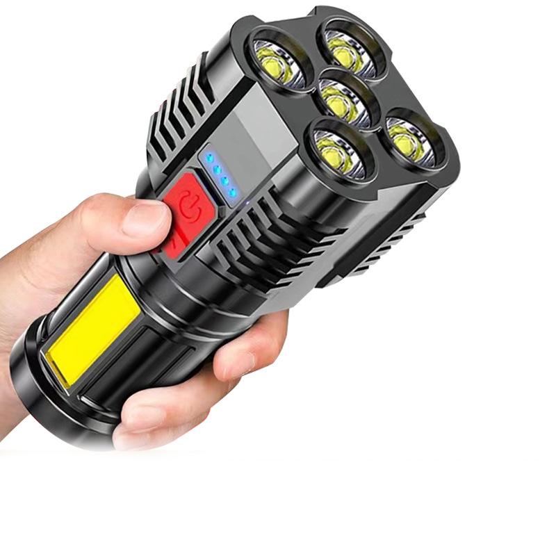 5 LED-Taschenlampe mit COB-Seitenlichtern, wiederaufladbare USB-Taschenlampe, 4 Modi, tragbare Arbeitsleuchte für Camping, Angeln im Freien schwarz