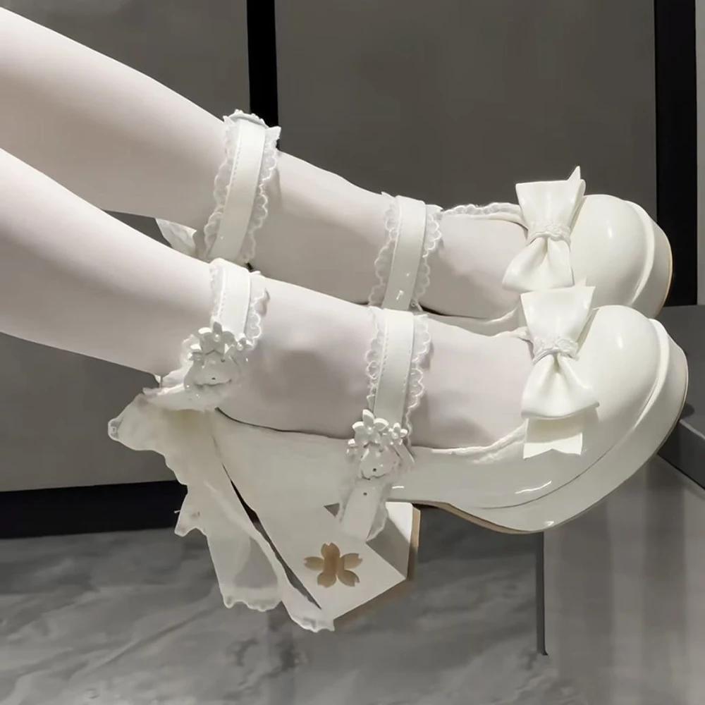 Liebliche Mädchen Lolita Schleifenknoten High Heels Plateauschuhe ,Junge Frauen Studentinnen Niedliche Sakura Hochzeitskleid Mary Janes 39 beige