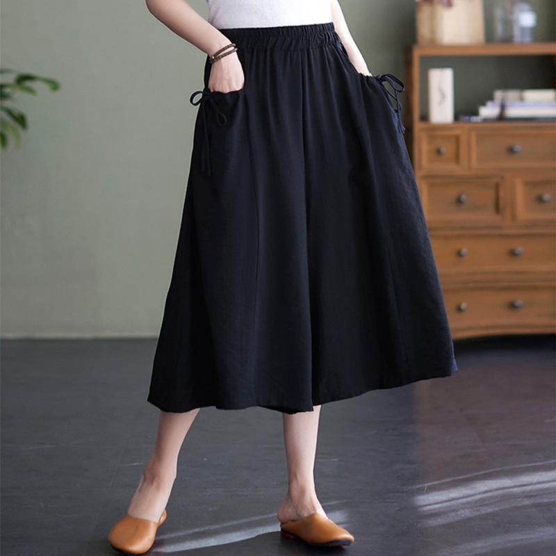 Weitbeinige Hosen für Damen im Sommer Locker sitzend Übergröße Einfarbig Elastischer Bund Großer Schwungrock Hosen Lässige Cropped-Hosen XL schwarz