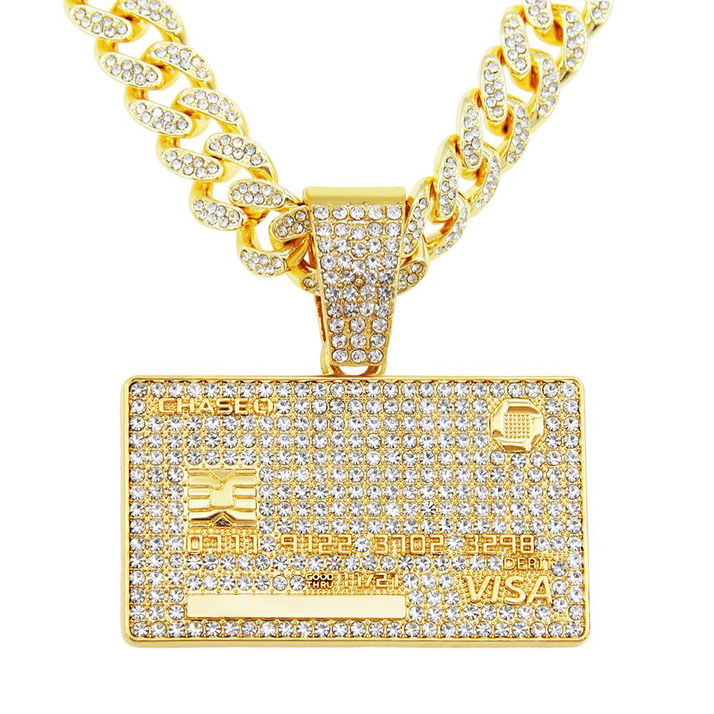 Herren Hip-Hop Diamant Dog Tag Halskette – Trendiger Streetstyle Kubanische Kette Choker gold (bankkarte) mit modell 5525 50cm kubanische kette