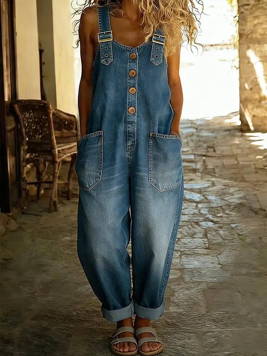 Damen Jeans Latzhose Lockerer Schnitt Weiter Bein Latzhose mit Knopfleiste vorne Verstellbare Träger Große Taschen Vintage Waschung 3XL blau