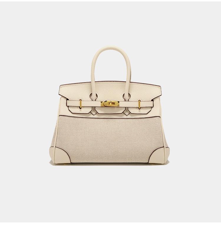 Frühlings-Neue Damen Tasche Nischen Design Leder mit Leinwand Kontrast Platin Tasche Tragbar Schulter Schräg Gurt Tasche large 30-14-21 cm weiß