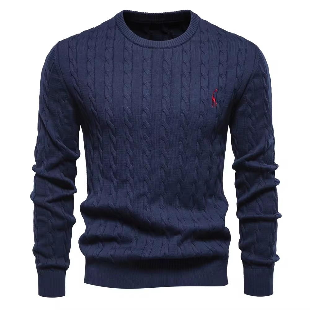 AIOPESON Herren-Pullover mit Giraffenstickerei, Baumwollpullover, Rundhalsausschnitt, klassischer Twist-Muster-Pullover, Strickpullover für Männer XL 85-95 kg navy blau