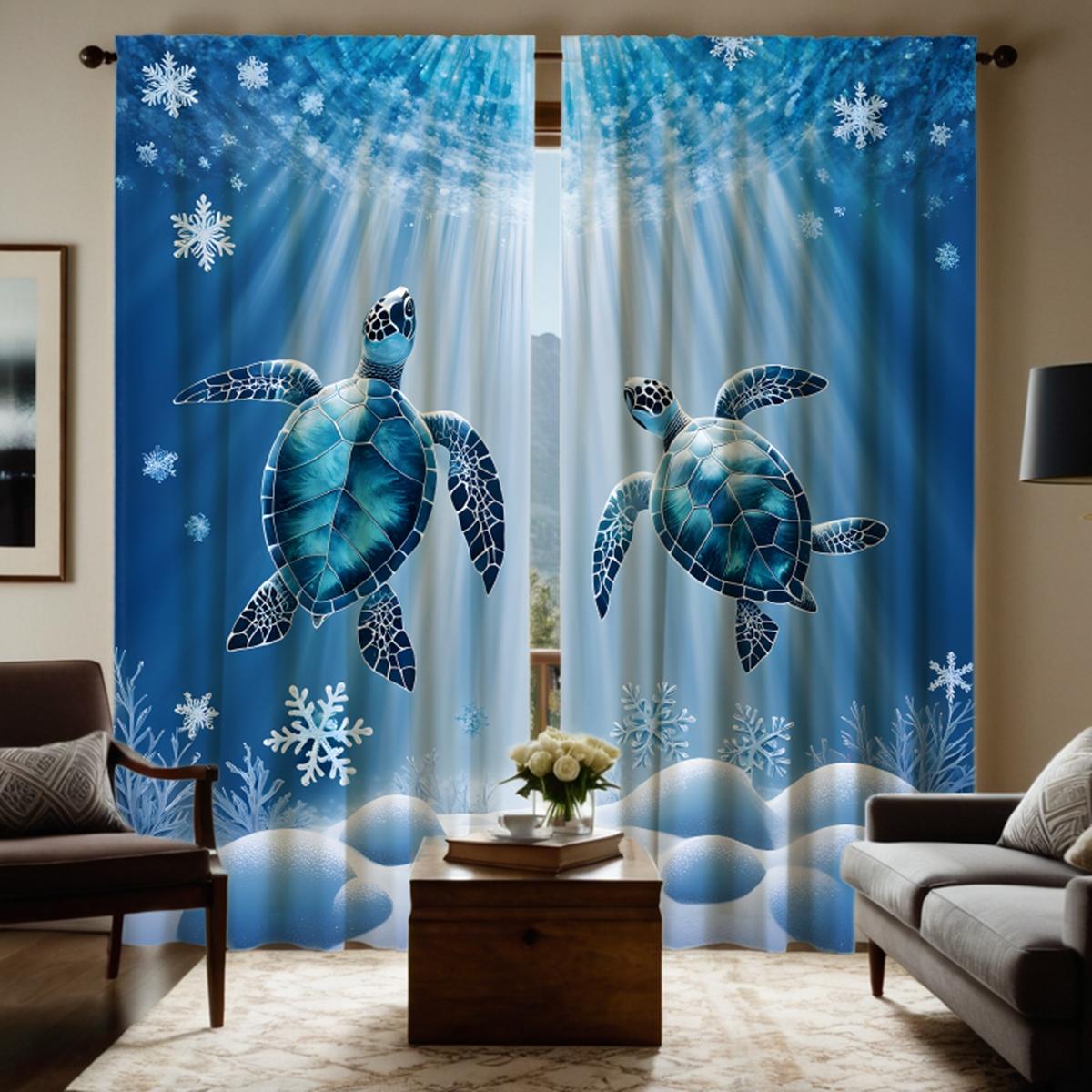 2 Stück HD Meeresboden Romantische Schneeflocke Schildkröte Tauchen dekorativer Vorhang Blaues Band Digital bedruckter Vorhang Heimdekorationsstil W52H63inchW132H160cm gray