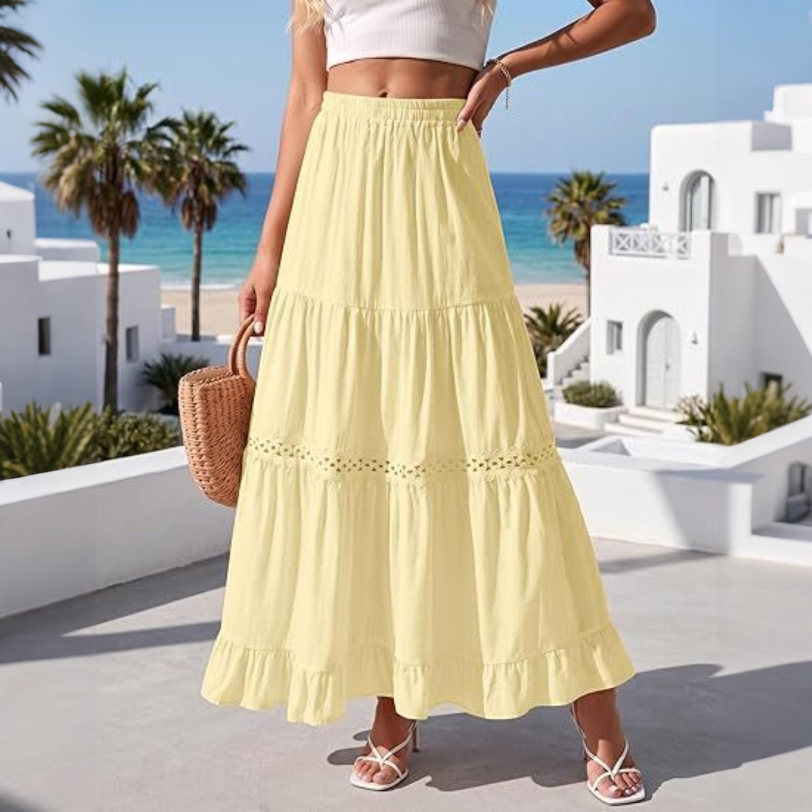 Damen Lang Baumwolle Rock Elastischer Bund Spitze Besatz Mehrlagig A-Linie Maxi Rock Leicht Plissiert Halblang Rock Freizeit Sommer Rock XL gelb