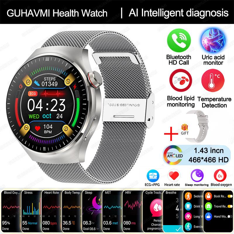 2025 Neue Smartwatch in Krankenpflegequalität Blutsauerstoff Blutfett Harnsäure EKG+PPG Körpertemperatur Bluetooth-Anruf Gesundheits-Smartwatch silver-mesh