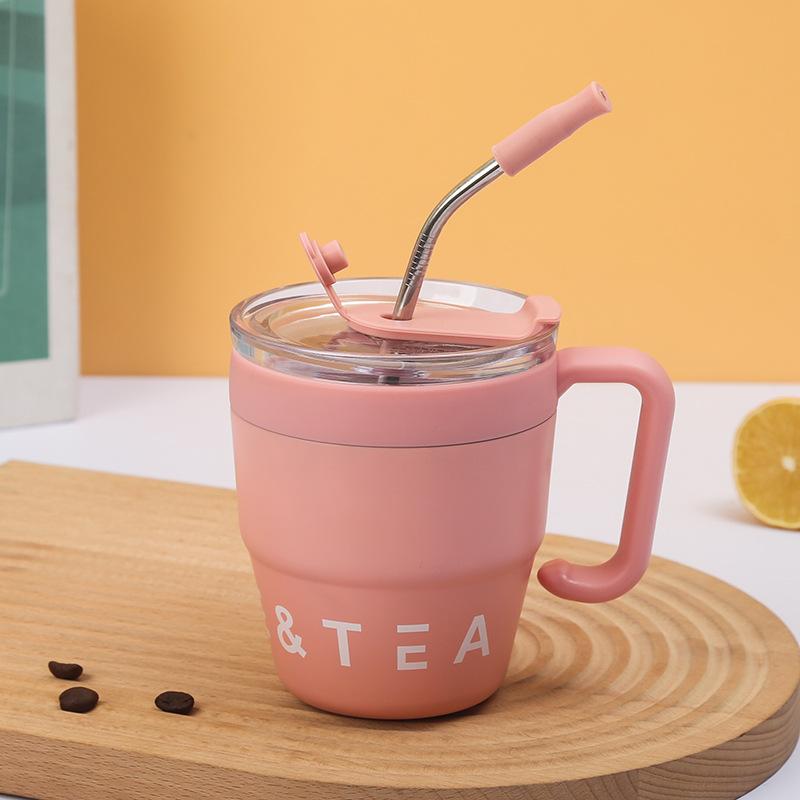 480 ml Kaffeetasse mit Strohhalmdeckel, Edelstahl-Thermosbecher für heiße und kalte Getränke, Wasser, Tee, Milch, Büro, Outdoor, tragbare Flasche 480ml rosa