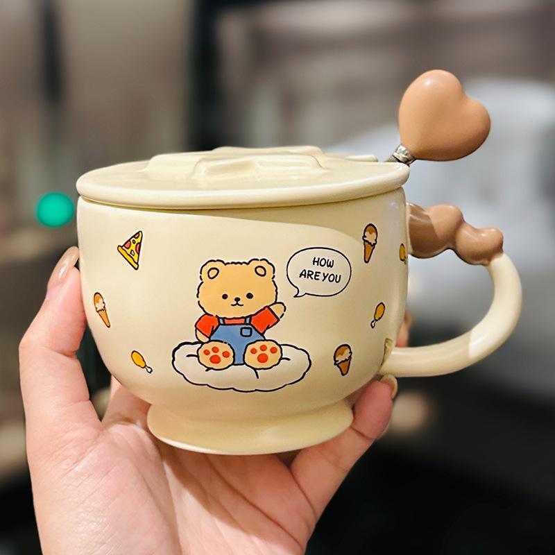 Niedliche Cartoon-Hasen- und Bären-Paartasse Geschenk zum chinesischen Valentinstag Keramiktasse Kreative Liebestasse Souvenir 350ml beige