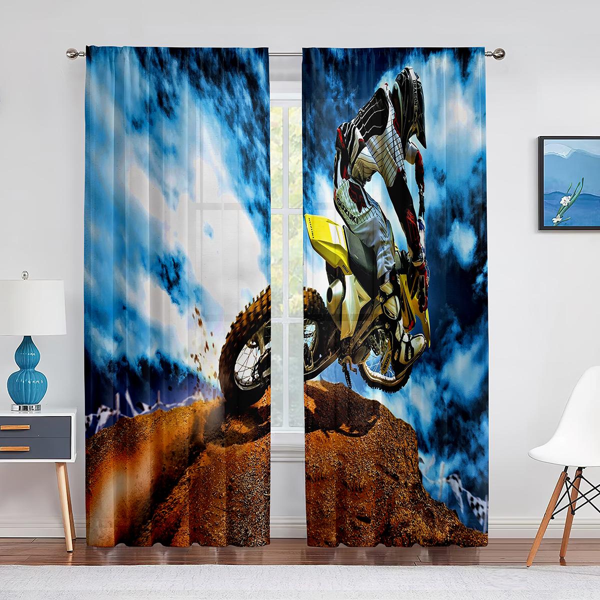 Dirtbike Motorrad Motocross Fahrer Tüll Vorhänge für Jungen Männer Schlafzimmer Vorhang Wohnzimmer Küche Extremsport Dünner Voile Vorhang W65X60H(cm)X2Pcs&Hook