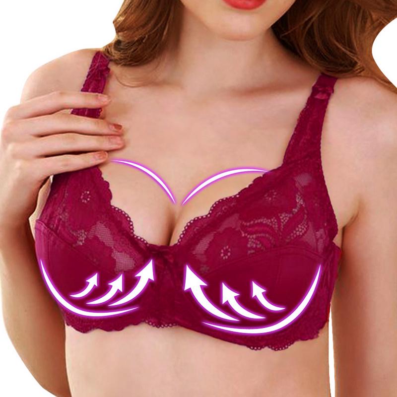 Mode Weibliche Plus Größe Bhs Frauen Sexy Spitze Push-Up Bh Einfarbig Bogen Bhs Unterwäsche Anpassung Hohl Sammeln Bügel bh 46/105D wein rot