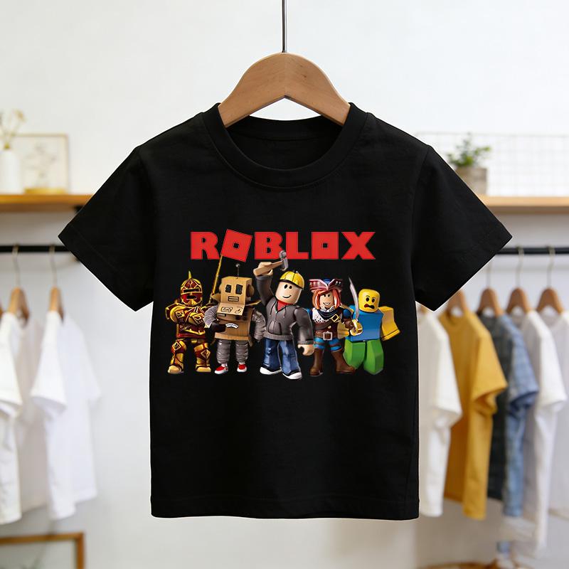 Roblox T-Shirt Sommer Mode Kurzärmeliges Oberteil T-Shirt Jungen und Mädchen Oberteile Sommer Spiel Streetwear Weiß Kinder T-Shirts 120 black