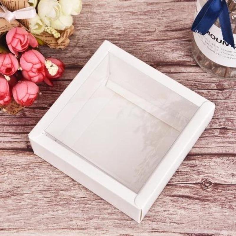 10 Stück quadratische Flip-Box aus Kraftpapier, transparent, mattiert, PVC-Abdeckung, Karton, Süßigkeiten, Desserts, Kosmetik, Seife, Aufbewahrungsverpackungen 6.5x6.5x3.5cm