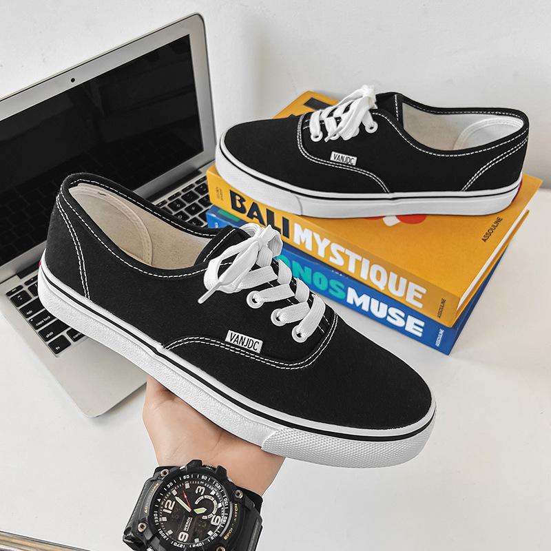Mode Frühling Neue Atmungsaktive Canvas-Schuhe Herren Casual Flache Schuhe Outdoor Einfarbig Flache Sportschuhe für Damen Vulkanisierte Schuhe 43 schwarz