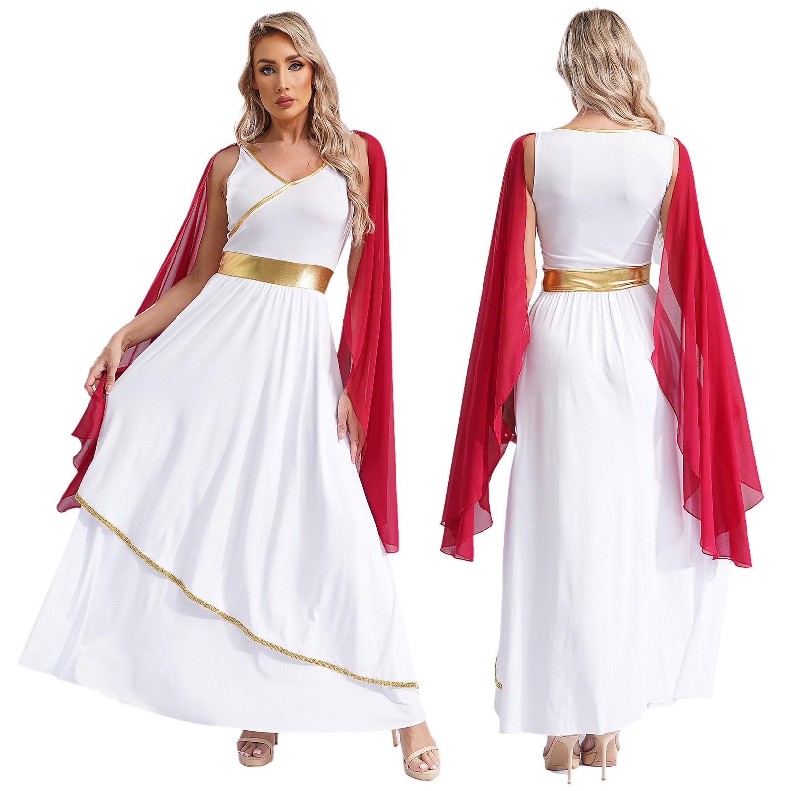 Damen Antikes Griechisches Schönheitskleid Halloween Kostüme V-Ausschnitt Ärmellos Goldbesatz Toga Griechenland Römische Königin Cosplay Kleid S bordeaux