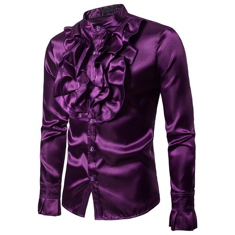 Herren-Hemd mit Stehkragen und langen Ärmeln, Blumendekoration, Performance-Kleid, Herren-Jacquard-Hemd S violett