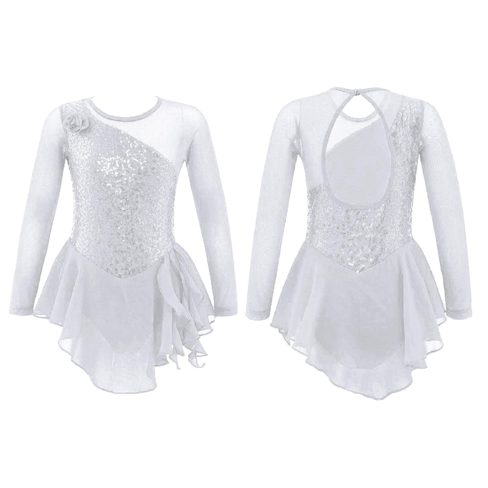 Kinder Mädchen Langarm Pailletten Ausschnitt Rücken Figur Eislaufen Kleid Ballett Tanz Gymnastik Trikot Kleid 13-14 Years weiß