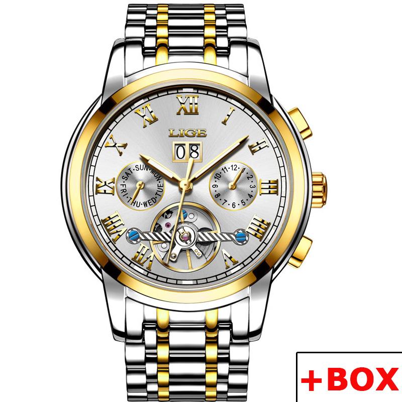 LIGE Neue Mechanische Männer Uhren Top-marke Luxus Business Uhr Tourbillon Automatische Uhr Wasserdichte Uhren gold/weiß
