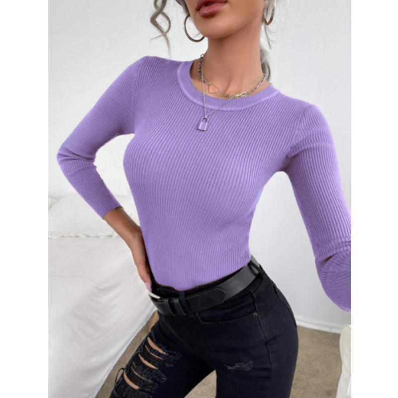 Herbst Winter Pullover Tops frauen Bodenbildung Pullover Mode Langarm Bluse Rippen Gestrickte Casual Jumper Pullover S violett