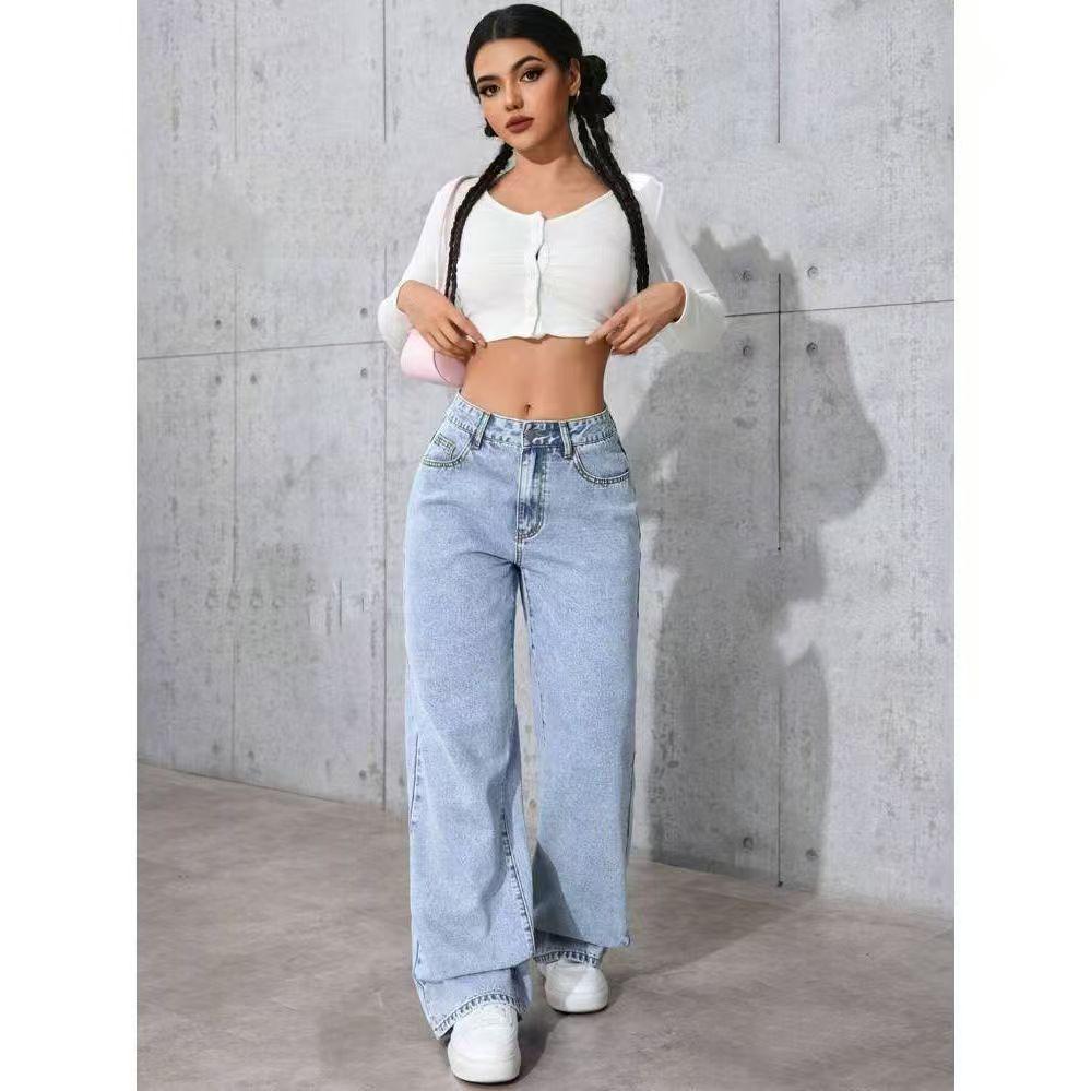 Weite Damenjeans - Gewaschen, Locker, Schlankmachend, Bodenlang für Frühling & Herbst 3XL (160-175 jin) hellblaue