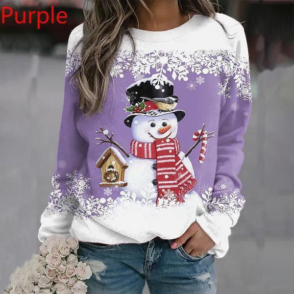 Weihnachtskleidung, neue Damenmode, Weihnachts-Schneemann-bedruckte Pullover-Oberteile, lässige Langarm-Shirts, bequeme Pullover-Blusen mit Rundhalsausschnitt, Übergröße L violett